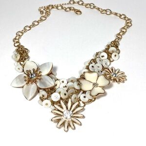 Necklace Bib Flowers Enamel Mother of Pearl Lucite Gold Tone 19”+2” NWT